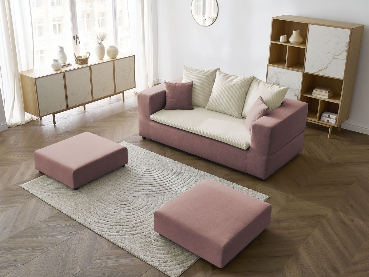 Canapé droit convertible LEANDRE bi matière avec deux poufs