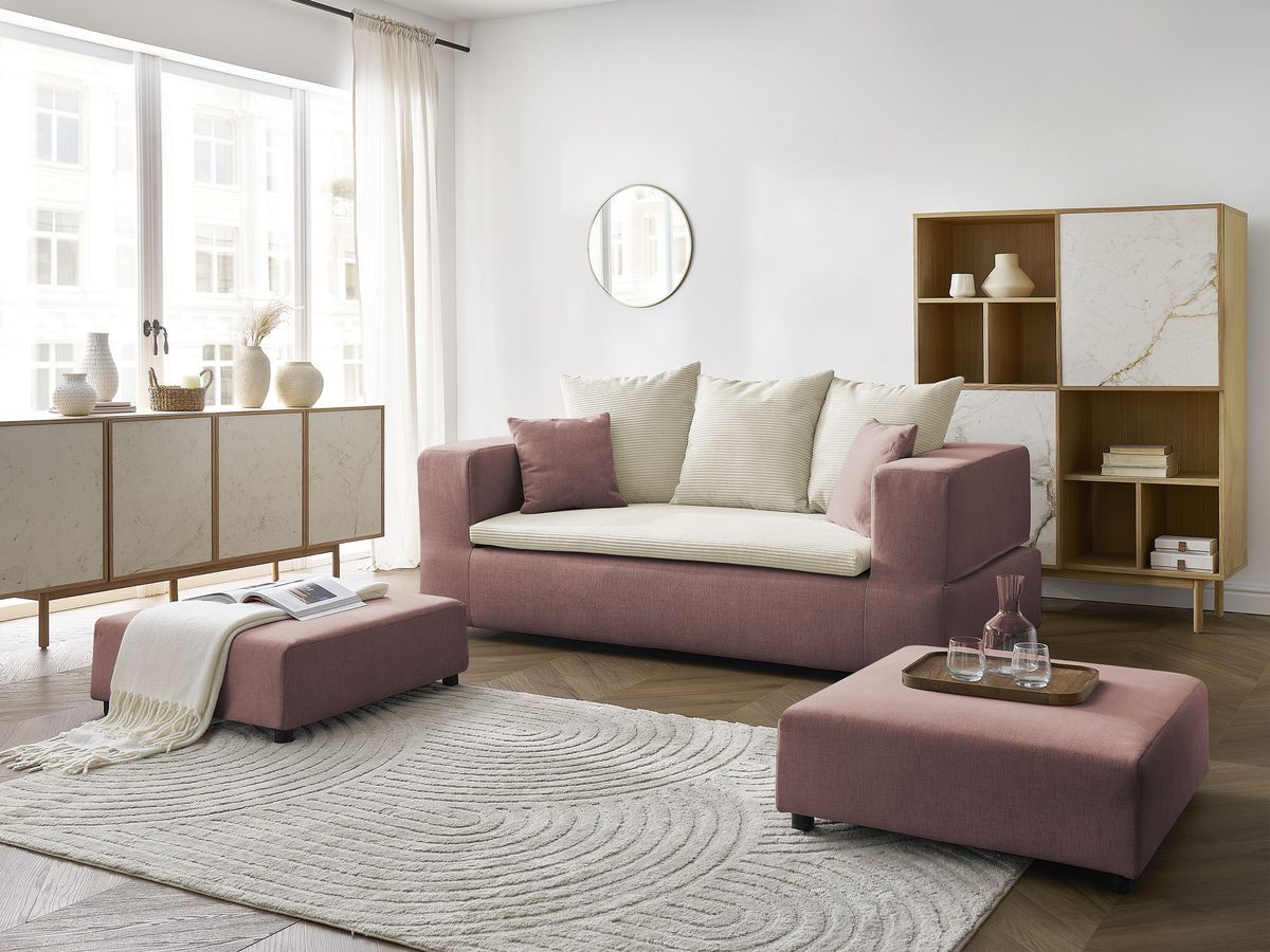 Canapé droit convertible LEANDRE bi matière avec deux poufs