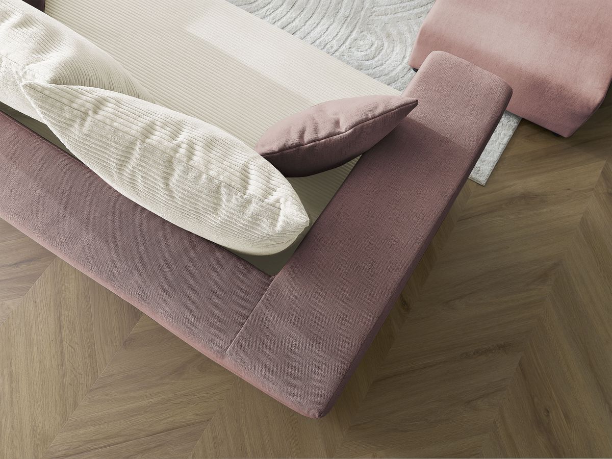 Canapé droit convertible LEANDRE bi matière avec deux poufs