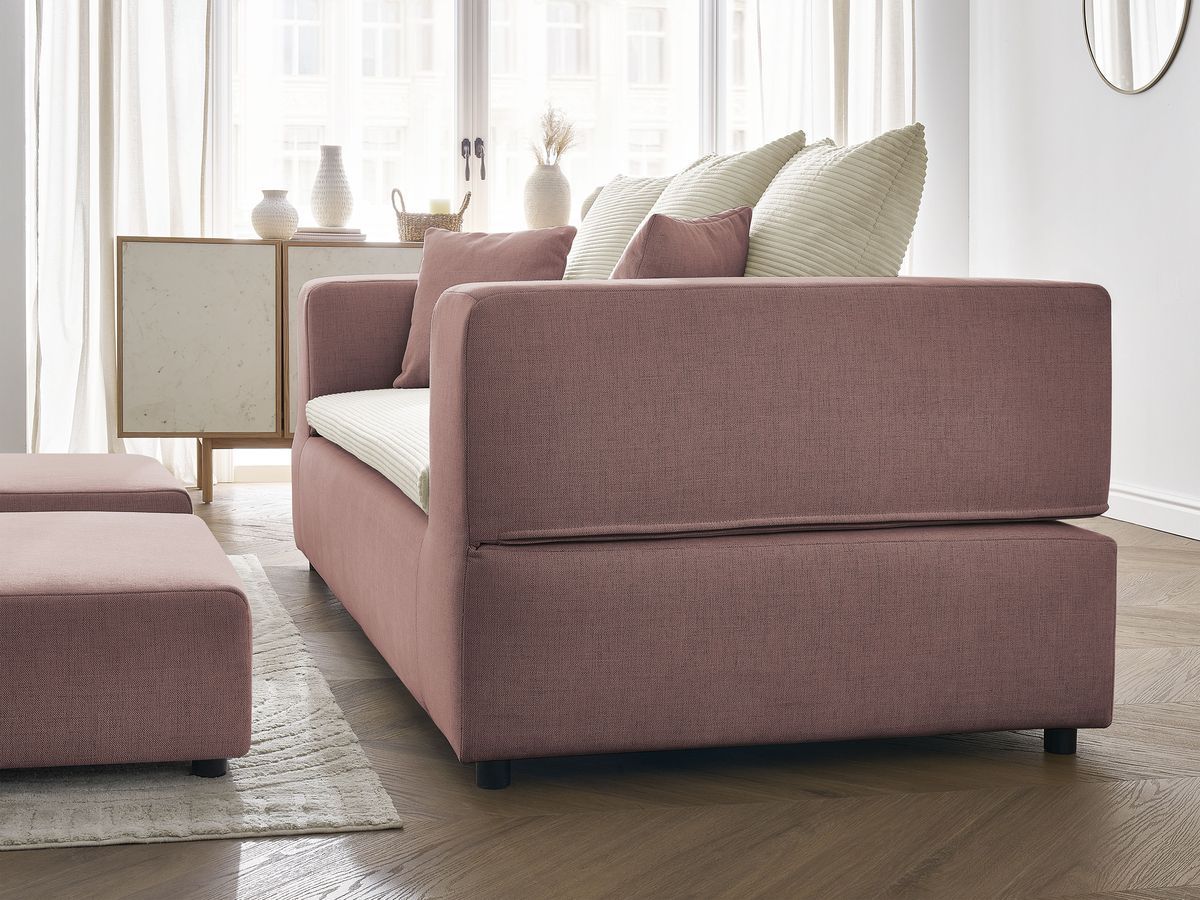 Canapé droit convertible LEANDRE bi matière avec deux poufs
