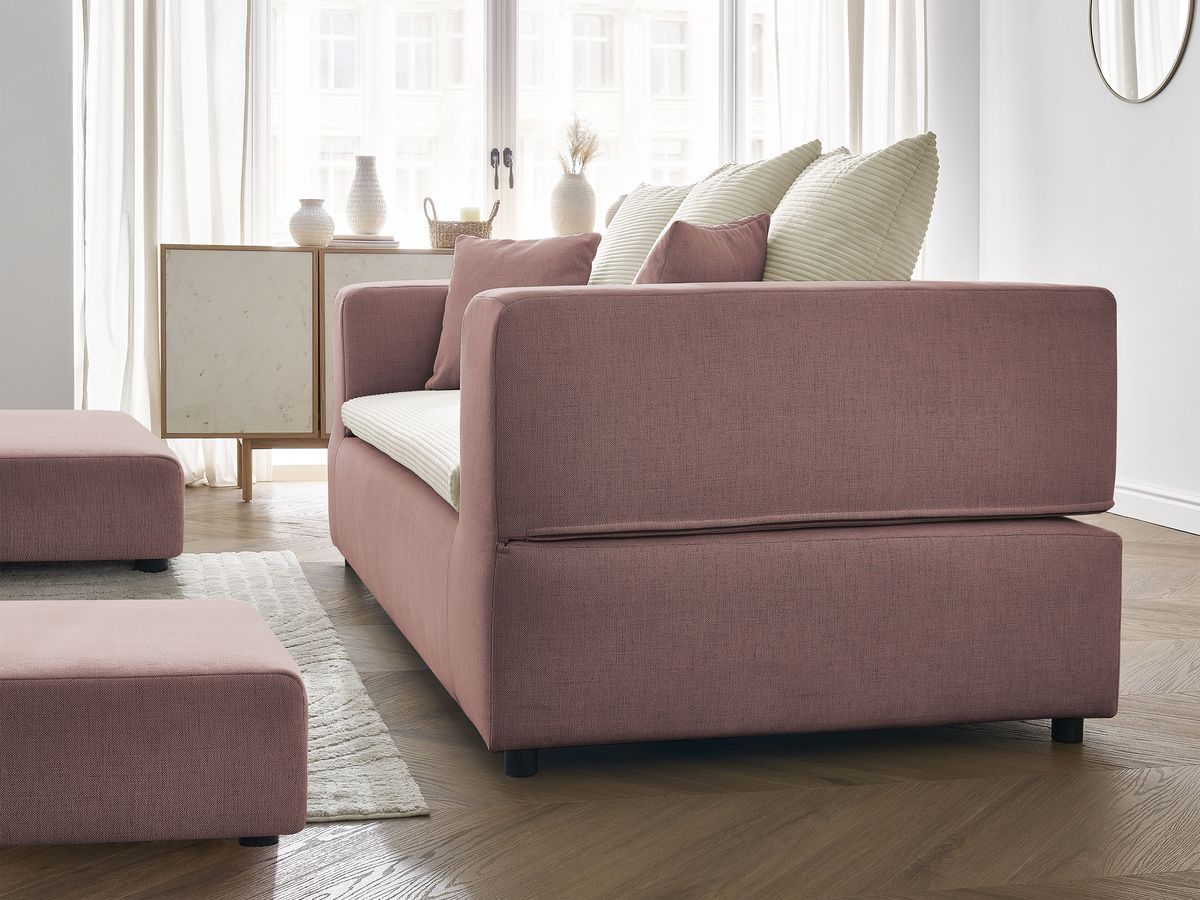 Canapé droit convertible LEANDRE bi matière avec deux poufs