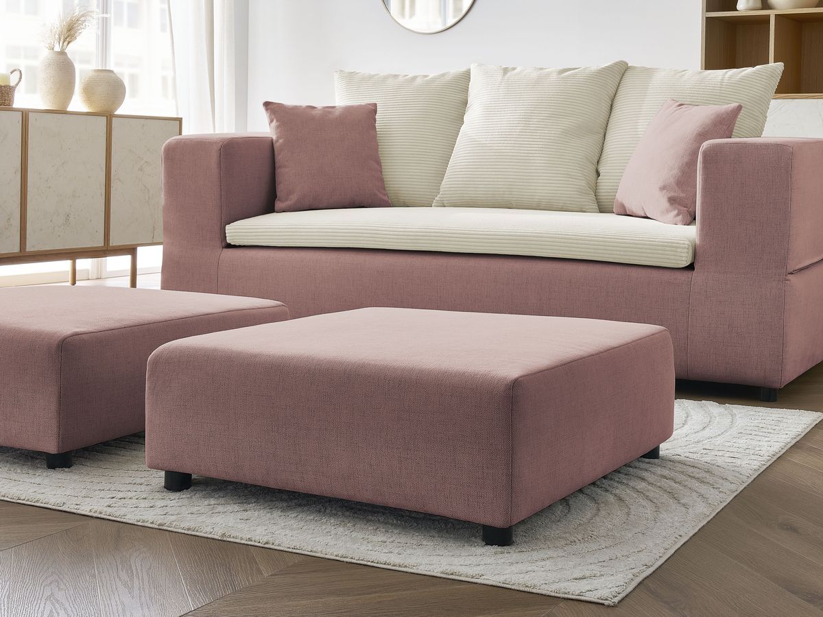 Canapé droit convertible LEANDRE bi matière avec deux poufs