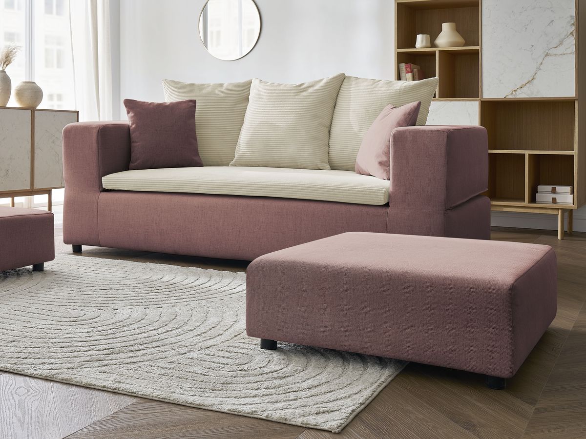 Canapé droit convertible LEANDRE bi matière avec deux poufs