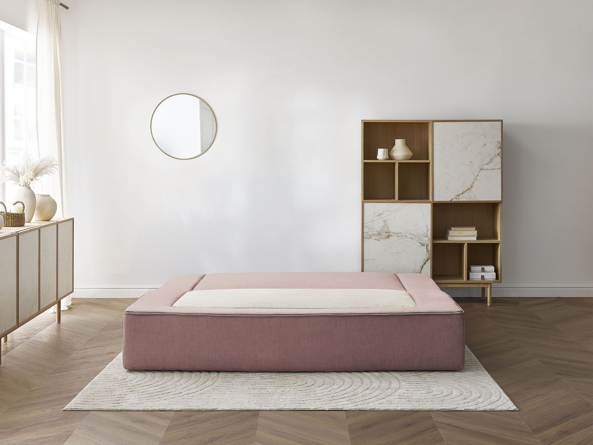Canapé droit convertible LEANDRE bi matière avec deux poufs