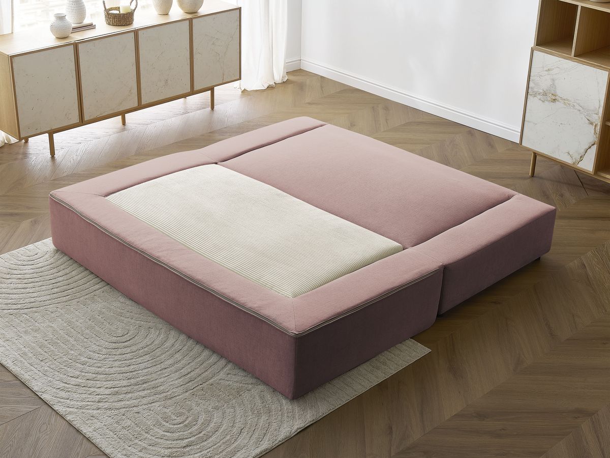 Canapé droit convertible LEANDRE bi matière avec deux poufs