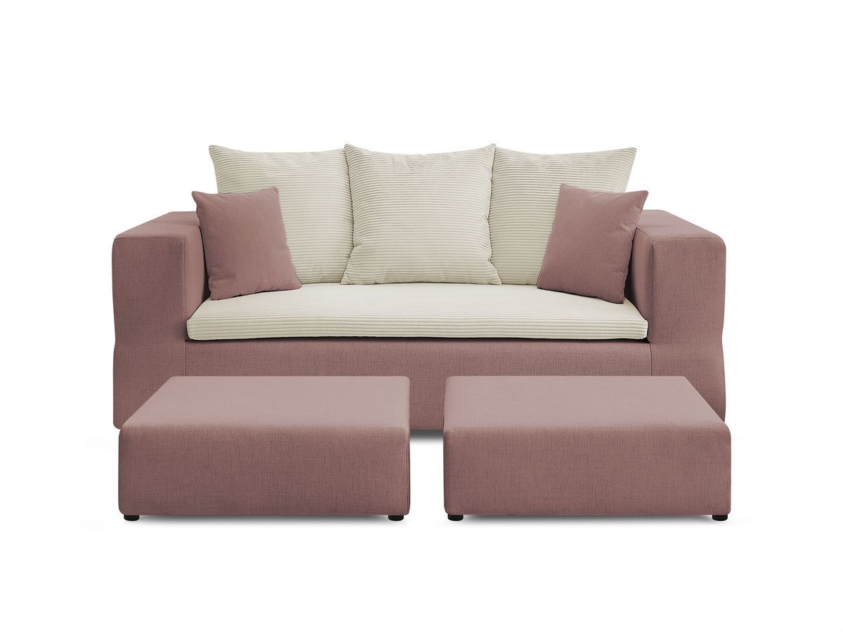 Canapé droit convertible LEANDRE bi matière avec deux poufs