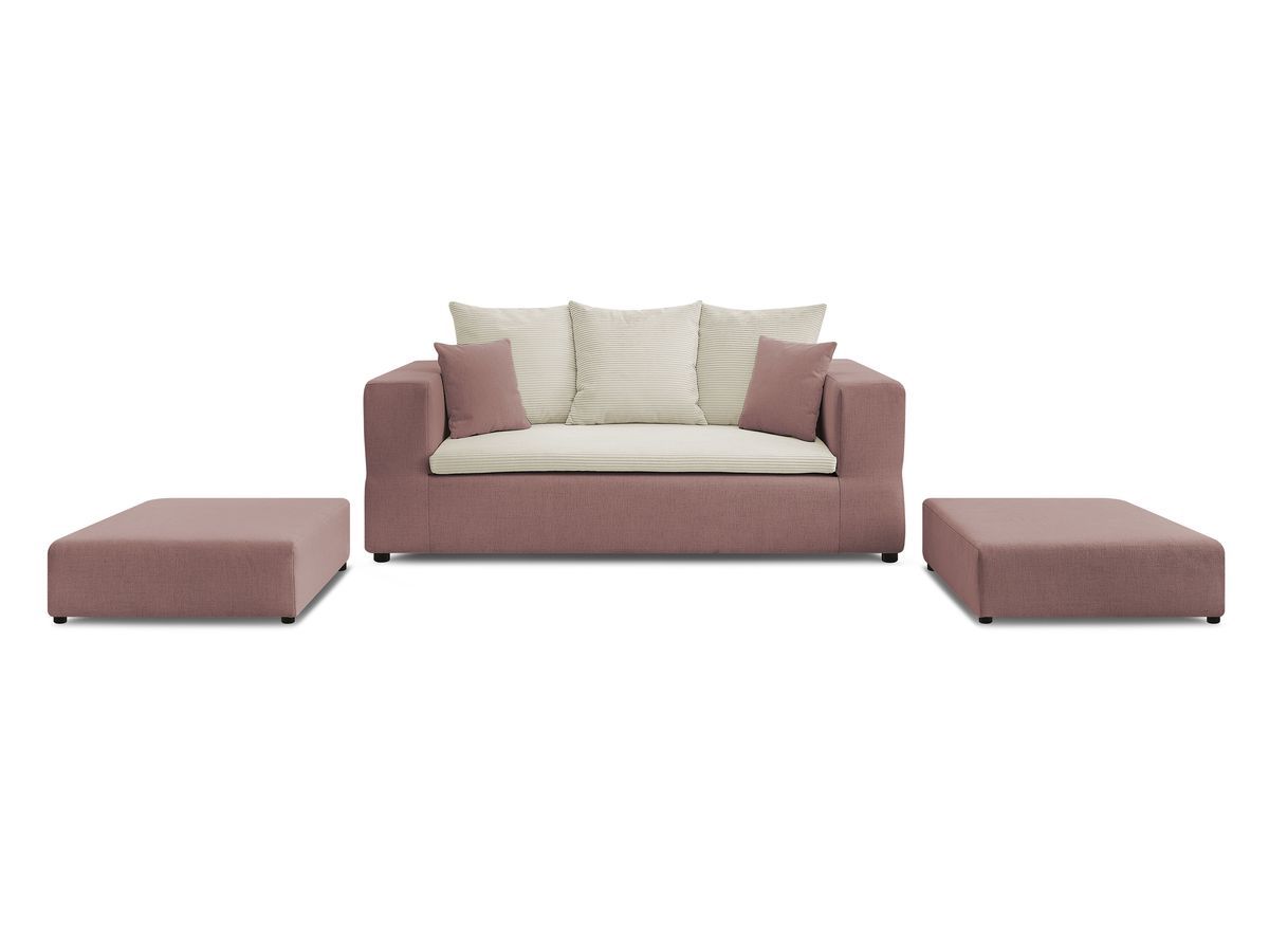 Canapé droit convertible LEANDRE bi matière avec deux poufs