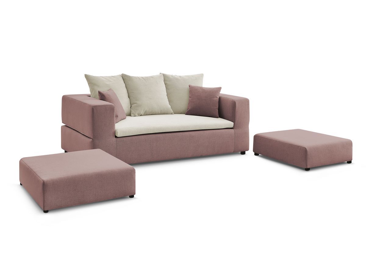 Canapé droit convertible LEANDRE bi matière avec deux poufs
