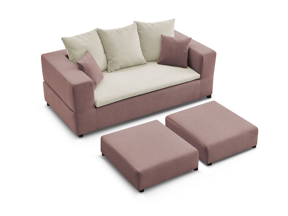 Canapé droit convertible LEANDRE bi matière avec deux poufs