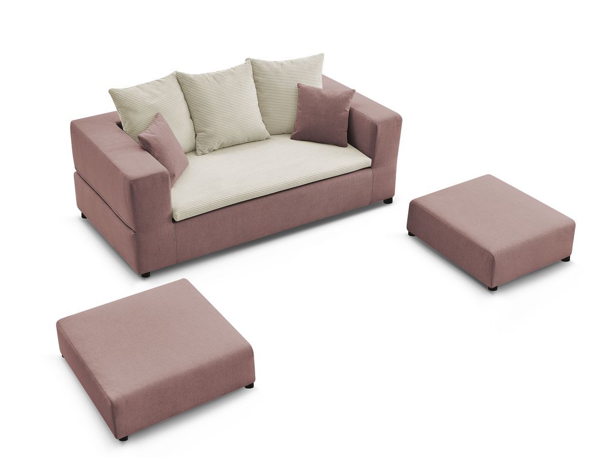 Canapé droit convertible LEANDRE bi matière avec deux poufs
