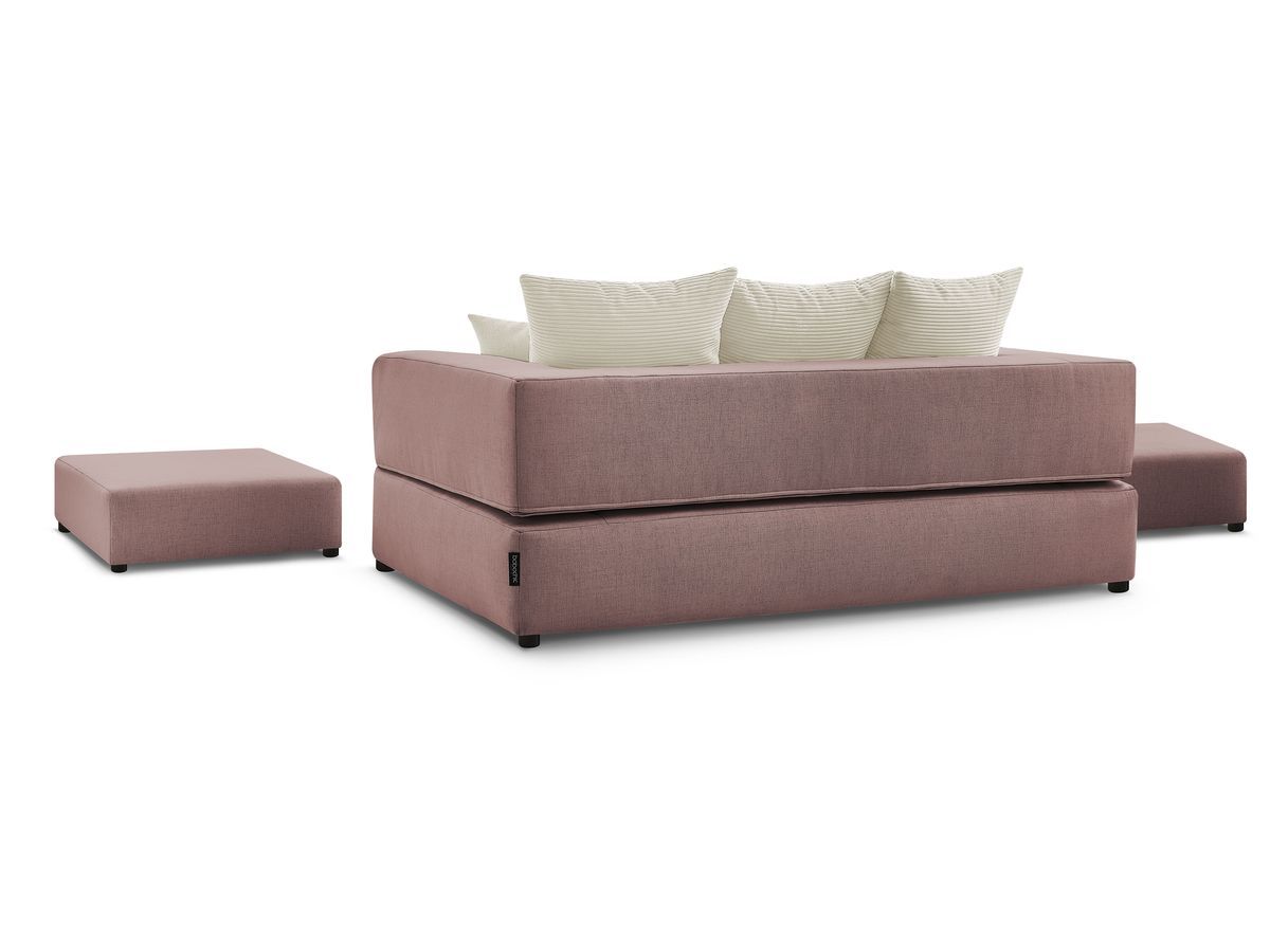 Canapé droit convertible LEANDRE bi matière avec deux poufs