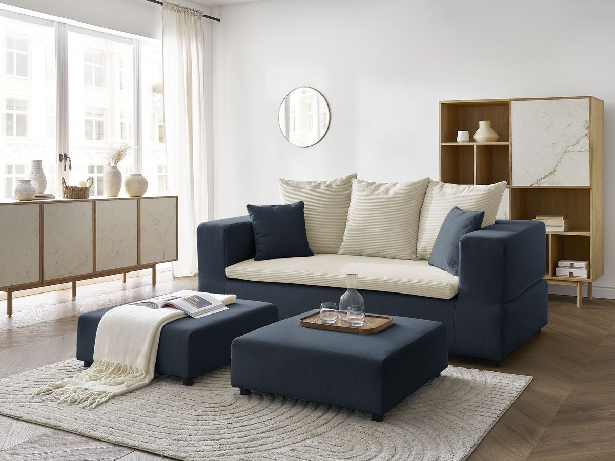 Canapé droit convertible LEANDRE bi matière avec deux poufs