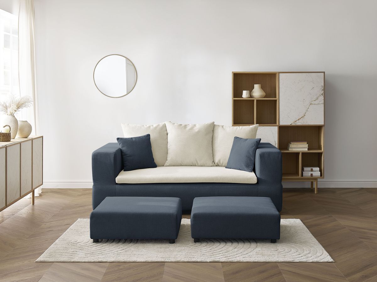 Canapé droit convertible LEANDRE bi matière avec deux poufs