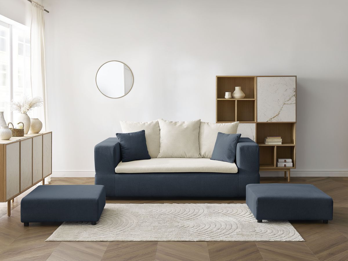Canapé droit convertible LEANDRE bi matière avec deux poufs beige et bleu foncé BOBOCHIC 4 places - Vue supplémentaire 3