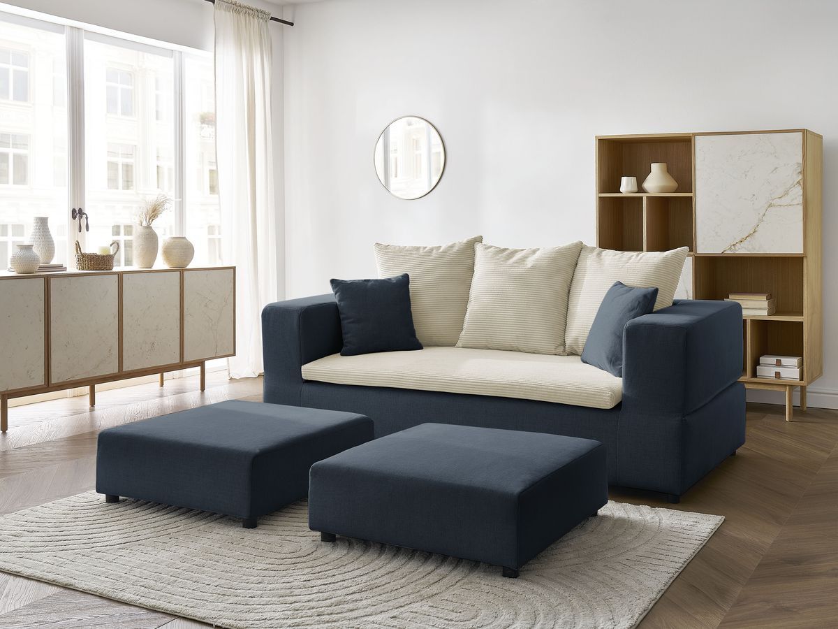 Canapé droit convertible LEANDRE bi matière avec deux poufs