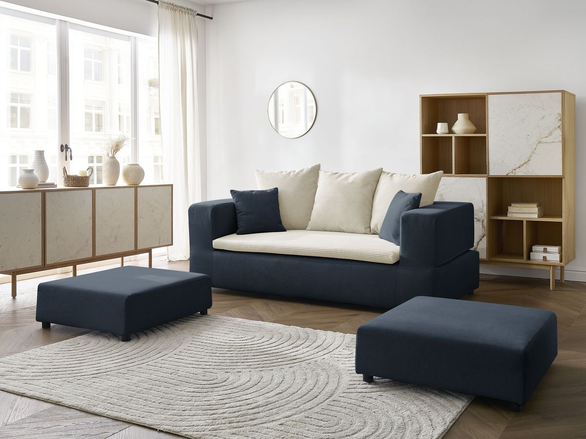 Canapé droit convertible LEANDRE bi matière avec deux poufs
