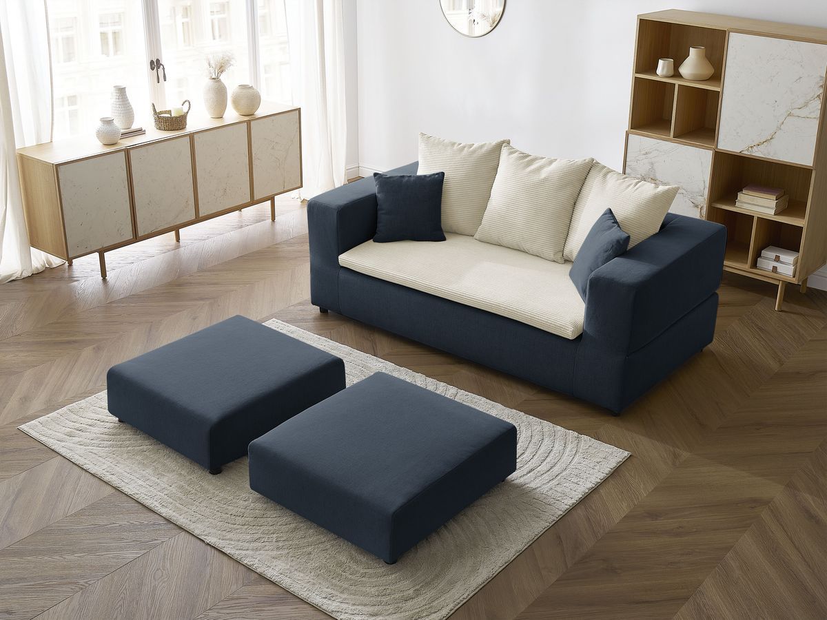Canapé droit convertible LEANDRE bi matière avec deux poufs
