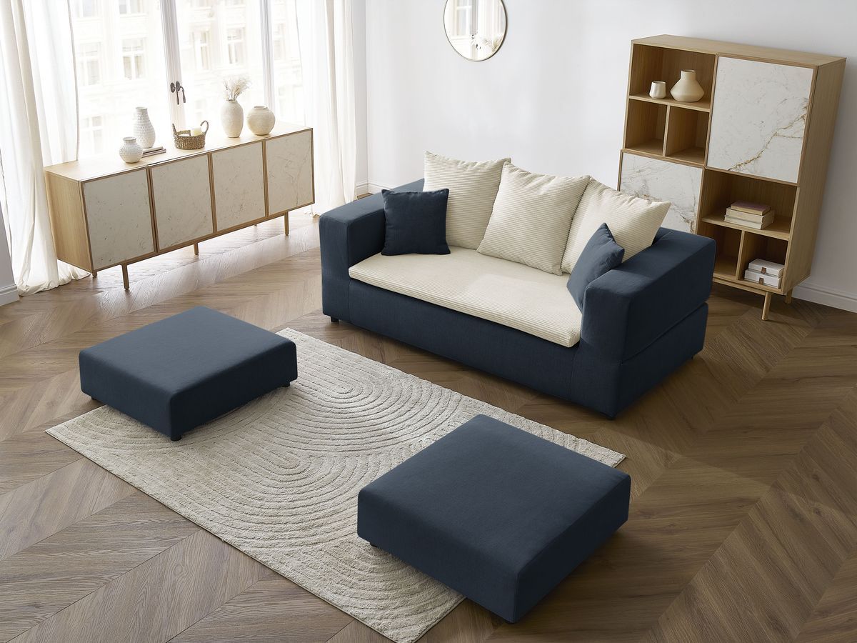 Canapé droit convertible LEANDRE bi matière avec deux poufs