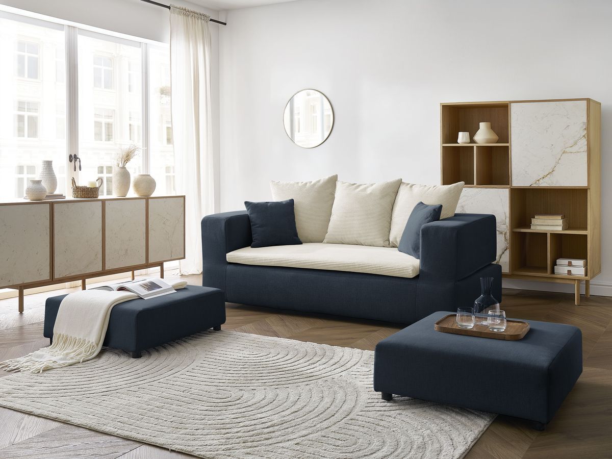 Canapé droit convertible LEANDRE bi matière avec deux poufs