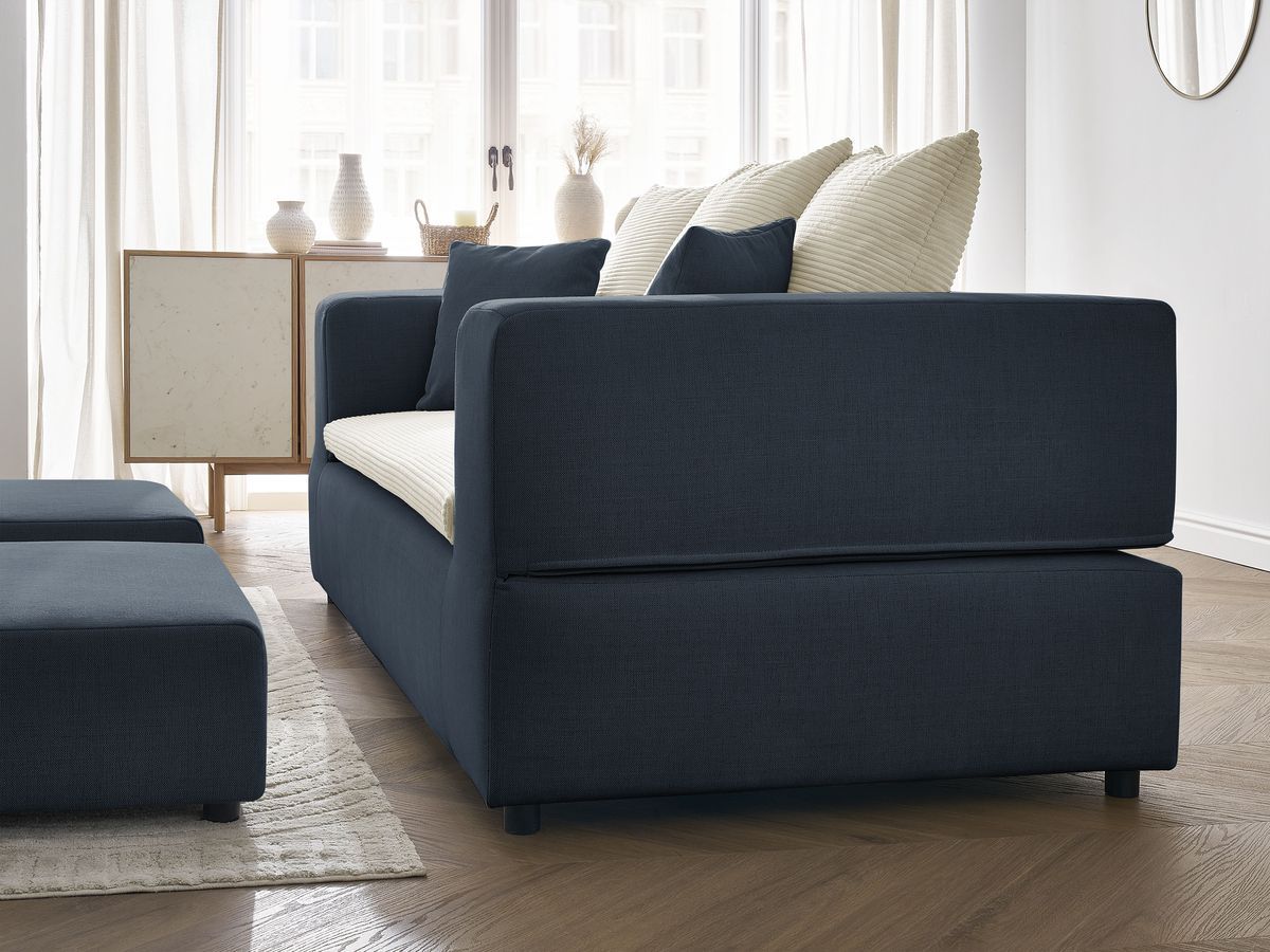 Canapé droit convertible LEANDRE bi matière avec deux poufs