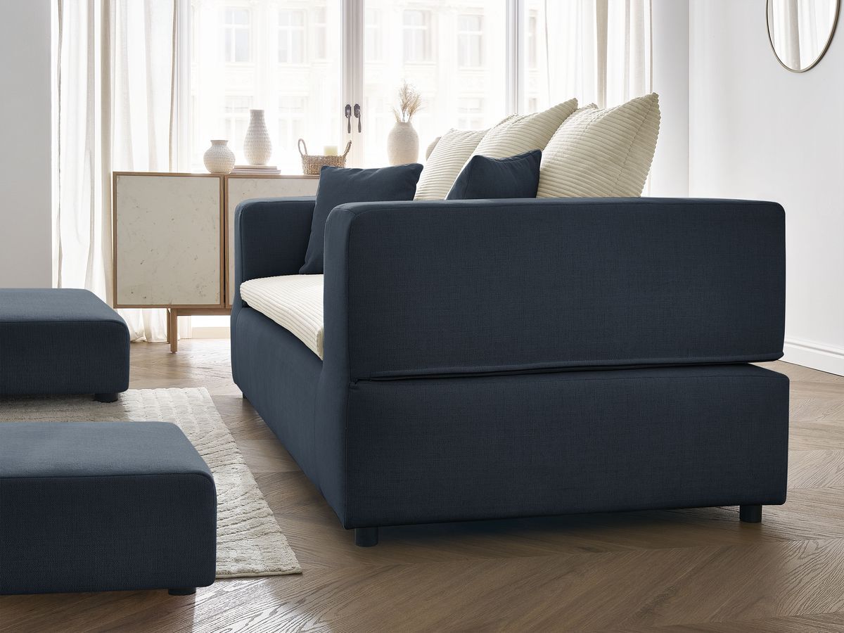 Canapé droit convertible LEANDRE bi matière avec deux poufs