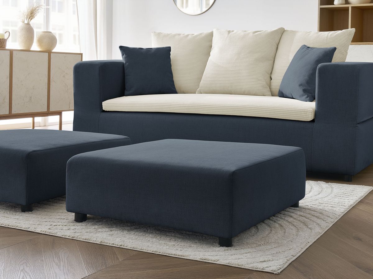 Canapé droit convertible LEANDRE bi matière avec deux poufs