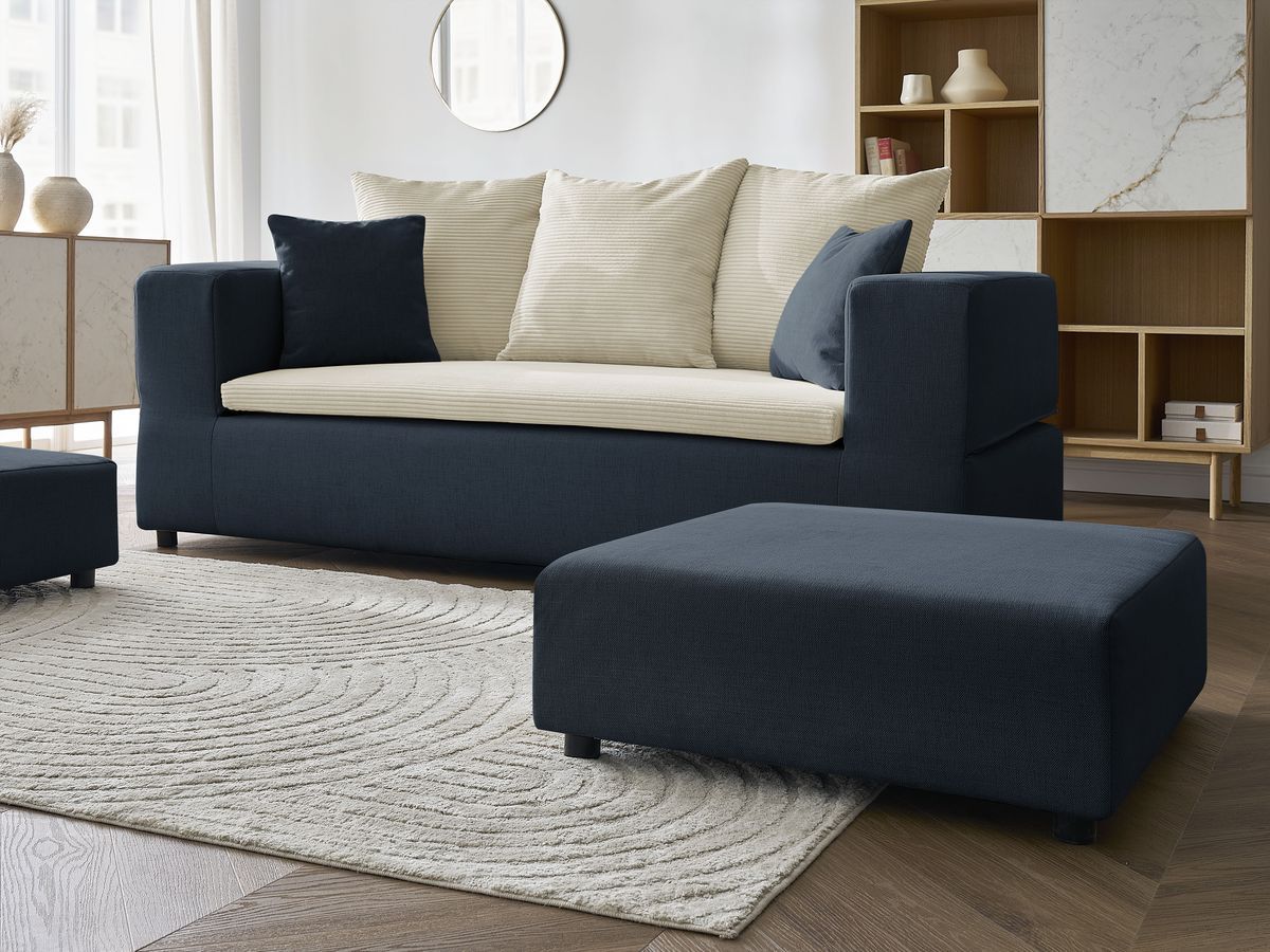 Canapé droit convertible LEANDRE bi matière avec deux poufs