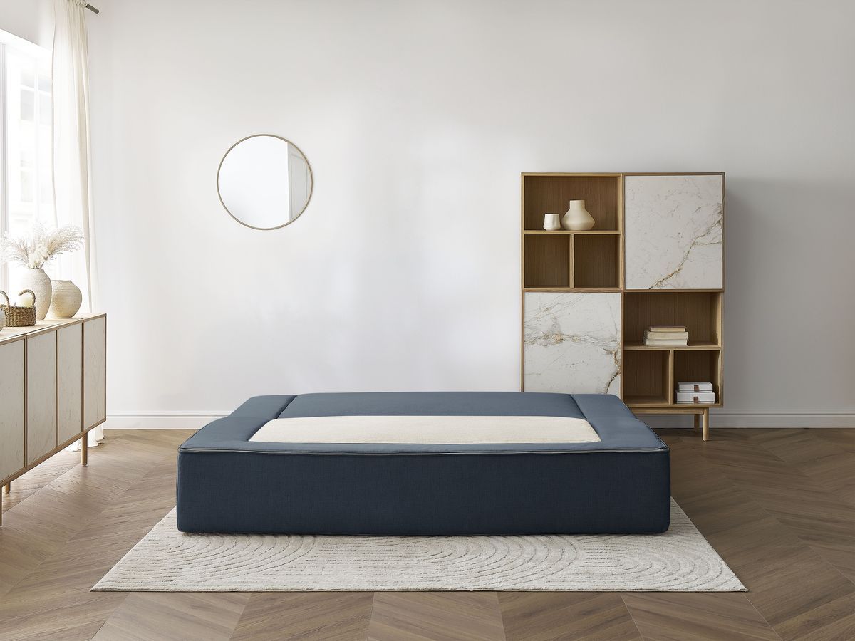 Canapé droit convertible LEANDRE bi matière avec deux poufs