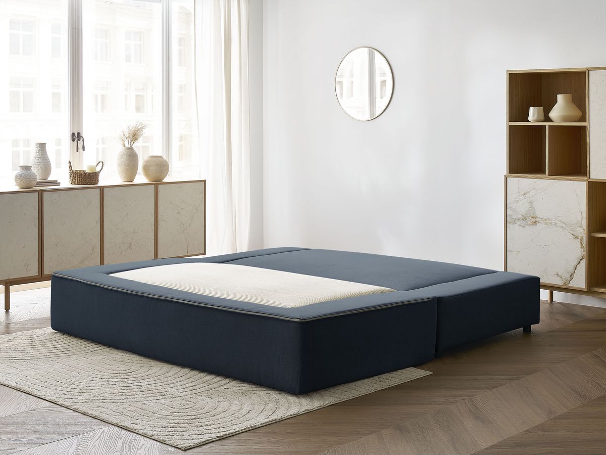 Canapé droit convertible LEANDRE bi matière avec deux poufs