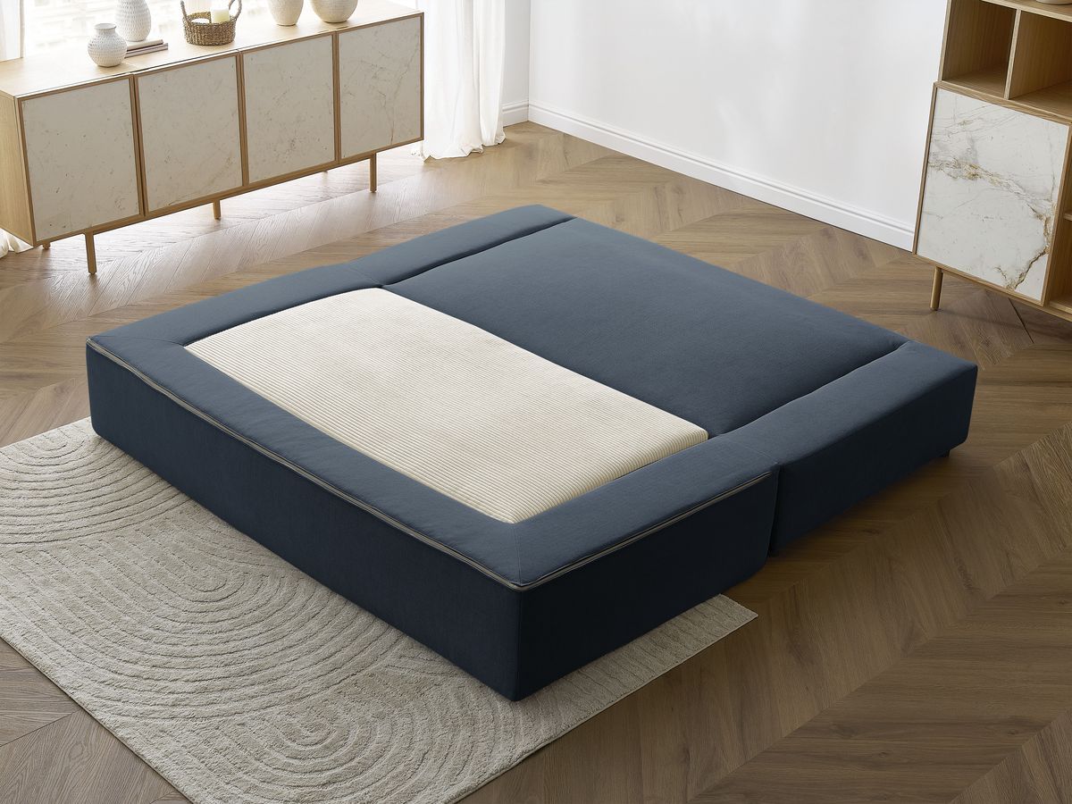 Canapé droit convertible LEANDRE bi matière avec deux poufs
