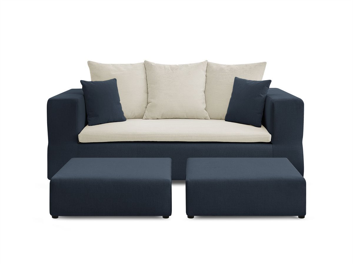 Canapé droit convertible LEANDRE bi matière avec deux poufs