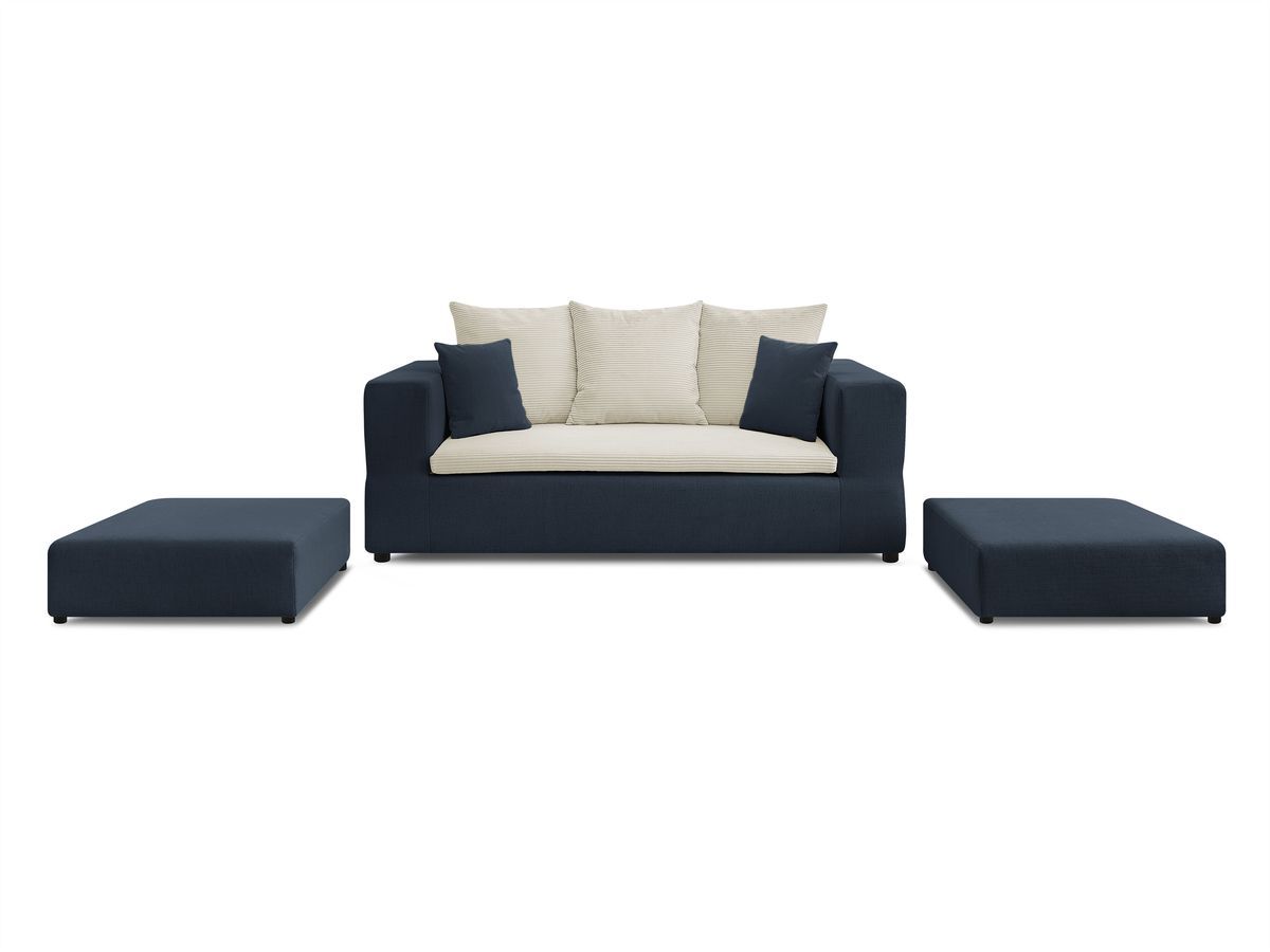 Canapé droit convertible LEANDRE bi matière avec deux poufs