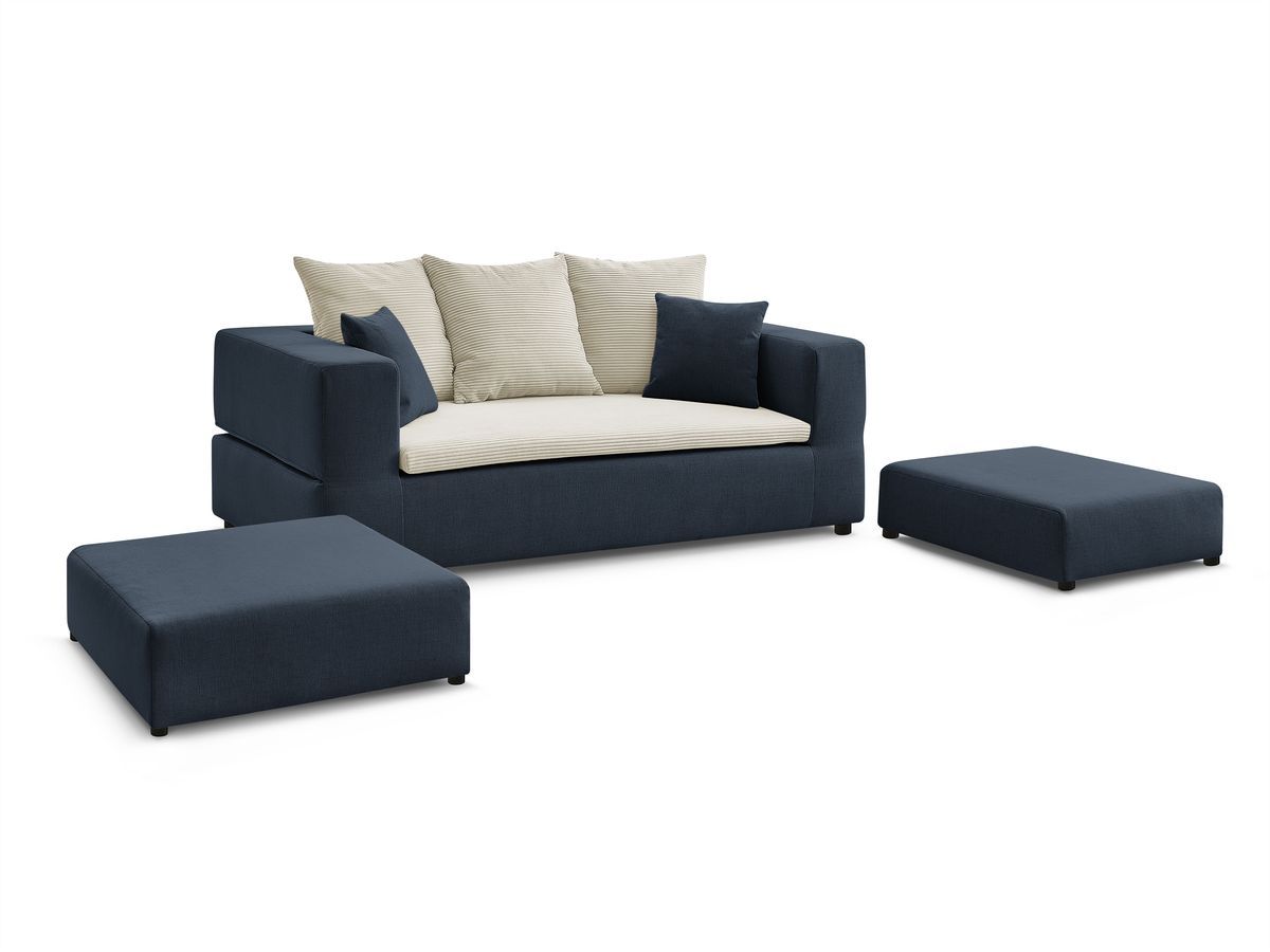 Canapé droit convertible LEANDRE bi matière avec deux poufs