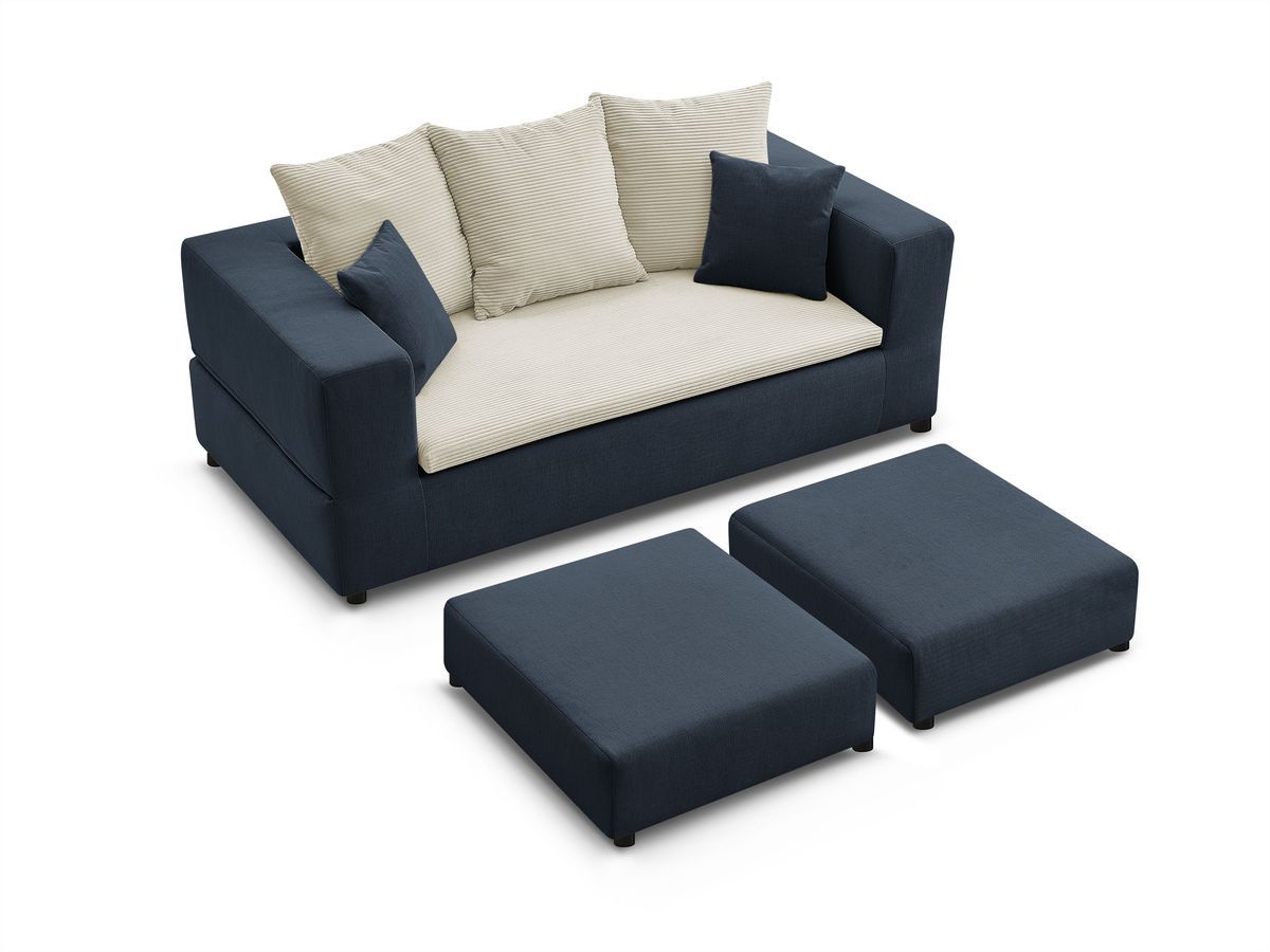 Canapé droit convertible LEANDRE bi matière avec deux poufs