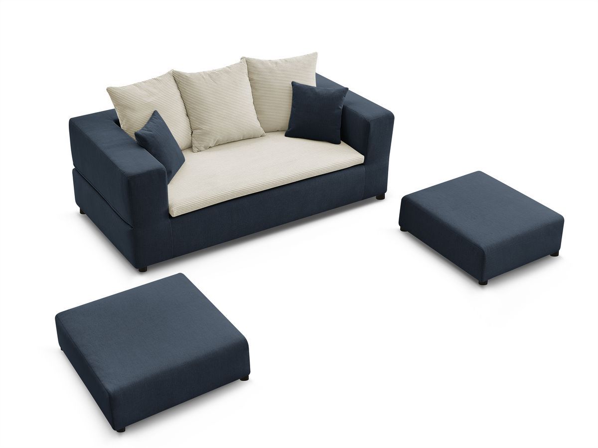 Canapé droit convertible LEANDRE bi matière avec deux poufs