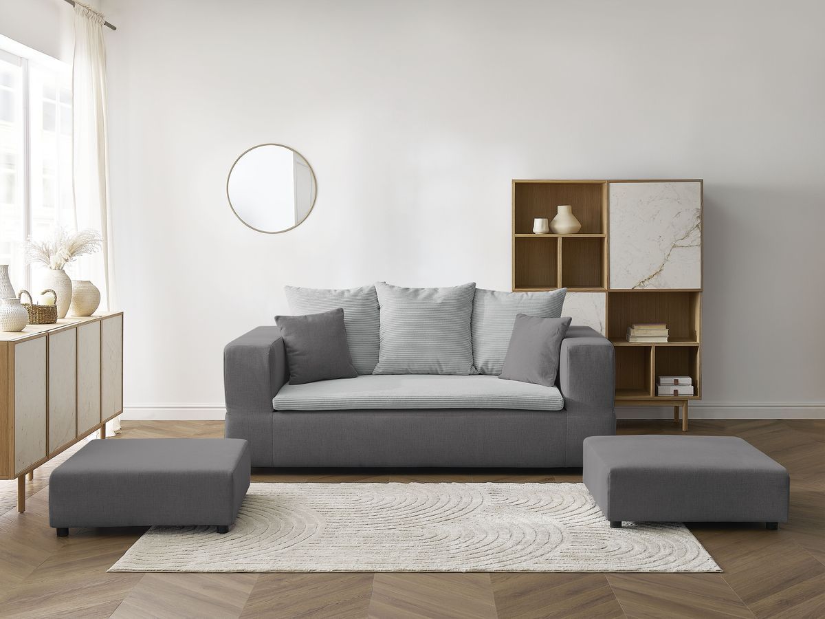 Canapé droit convertible LEANDRE bi matière avec deux poufs gris clair et gris foncé BOBOCHIC 4 places - Vue supplémentaire 3