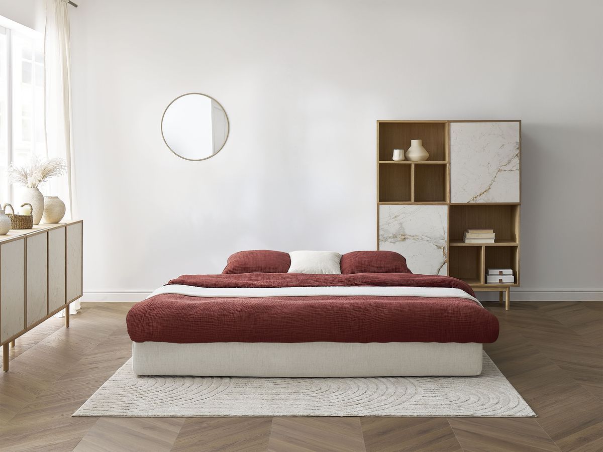 Canapé droit convertible LEANDRE bi matière avec deux poufs