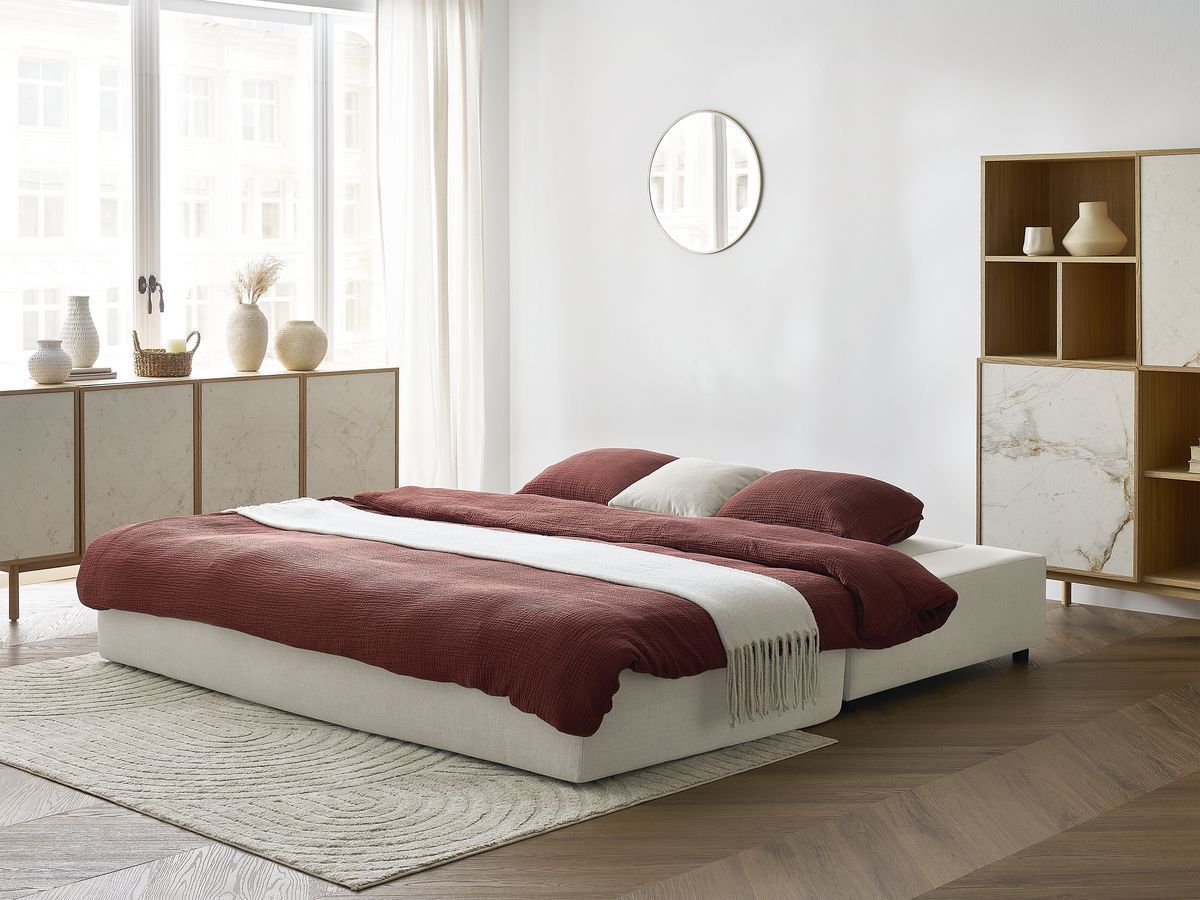 Canapé droit convertible LEANDRE bi matière avec deux poufs