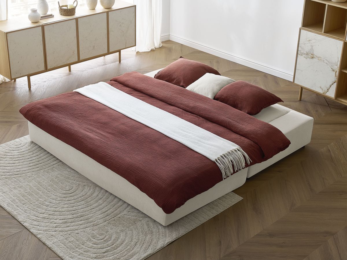 Canapé droit convertible LEANDRE bi matière avec deux poufs