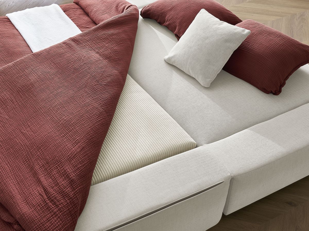 Canapé droit convertible LEANDRE bi matière avec deux poufs