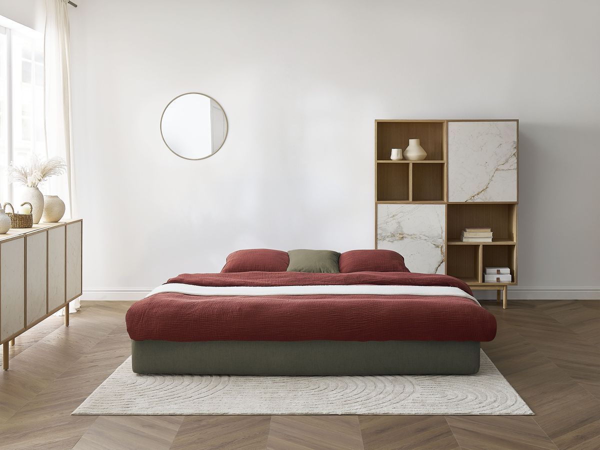 Canapé droit convertible LEANDRE bi matière avec deux poufs