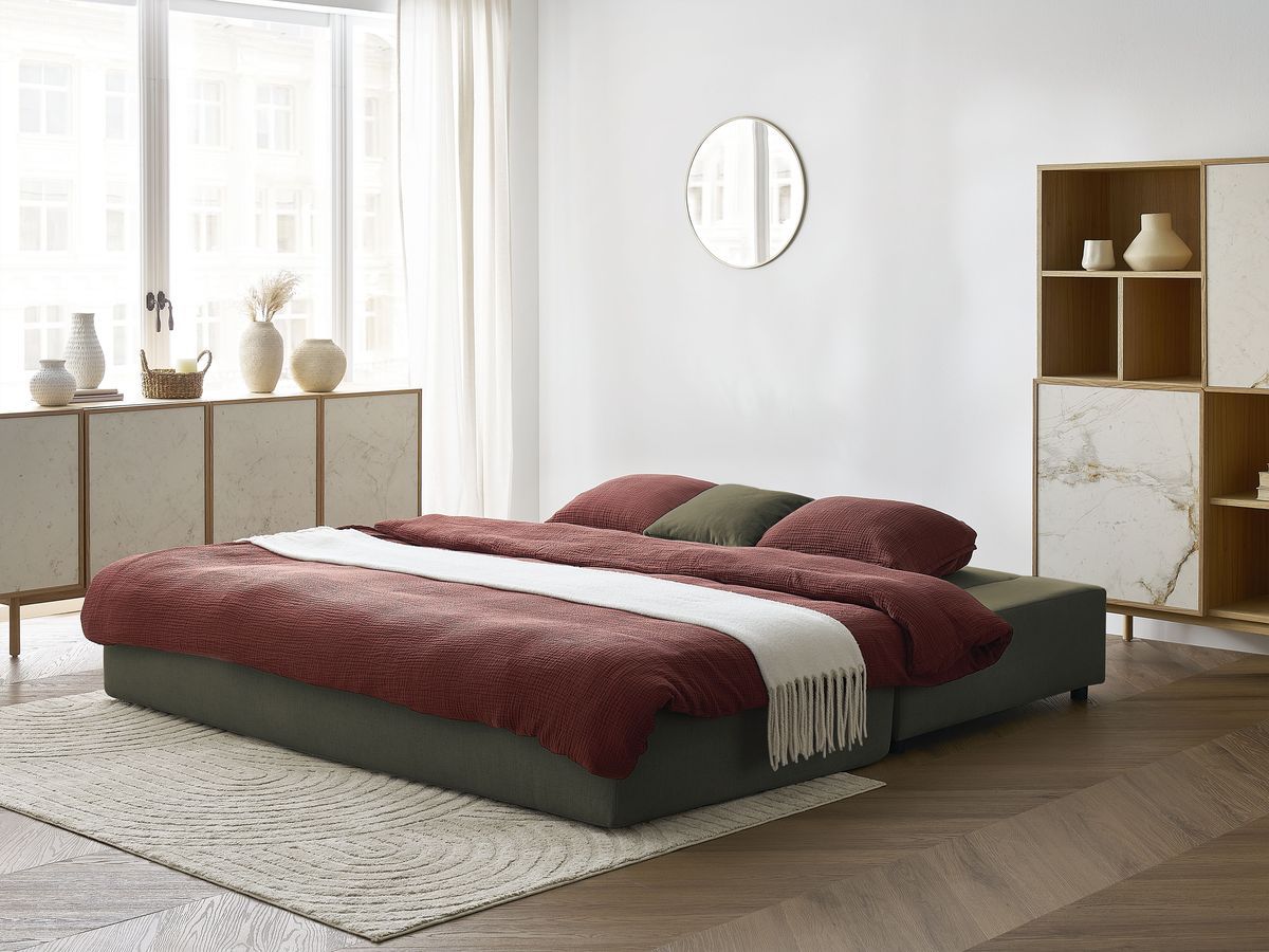 Canapé droit convertible LEANDRE bi matière avec deux poufs