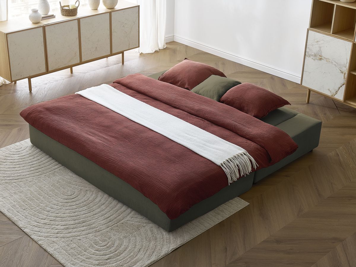 Canapé droit convertible LEANDRE bi matière avec deux poufs