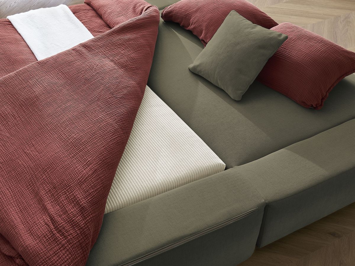 Canapé droit convertible LEANDRE bi matière avec deux poufs