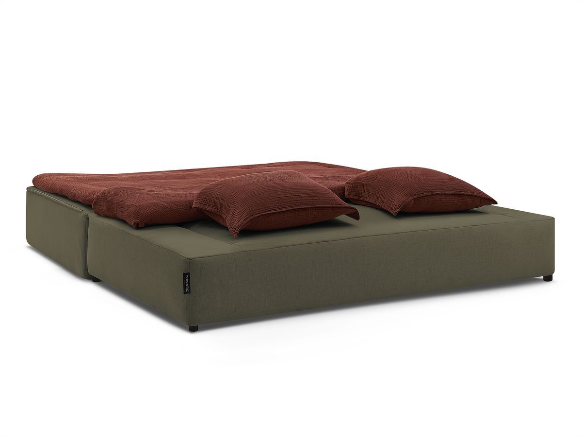 Canapé droit convertible LEANDRE bi matière avec deux poufs