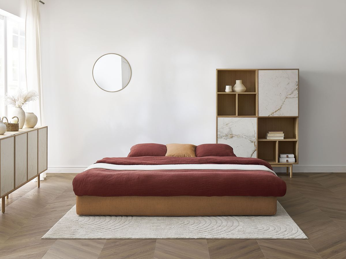 Canapé droit convertible LEANDRE bi matière avec deux poufs
