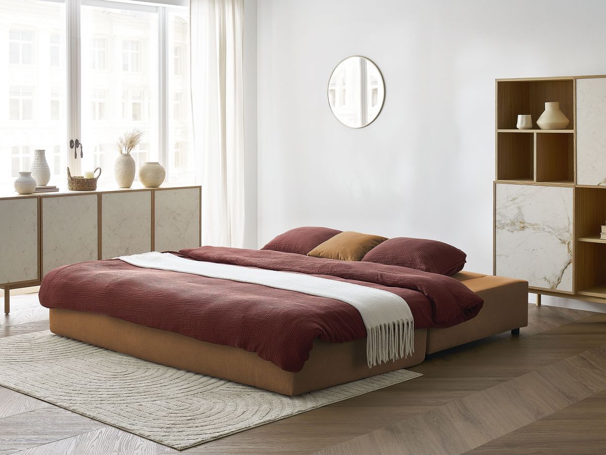 Canapé droit convertible LEANDRE bi matière avec deux poufs