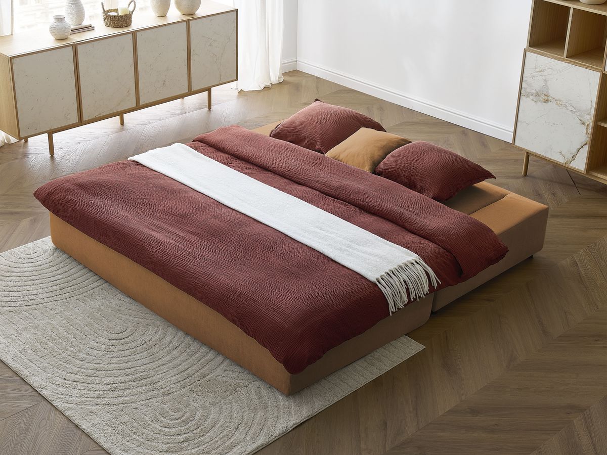Canapé droit convertible LEANDRE bi matière avec deux poufs