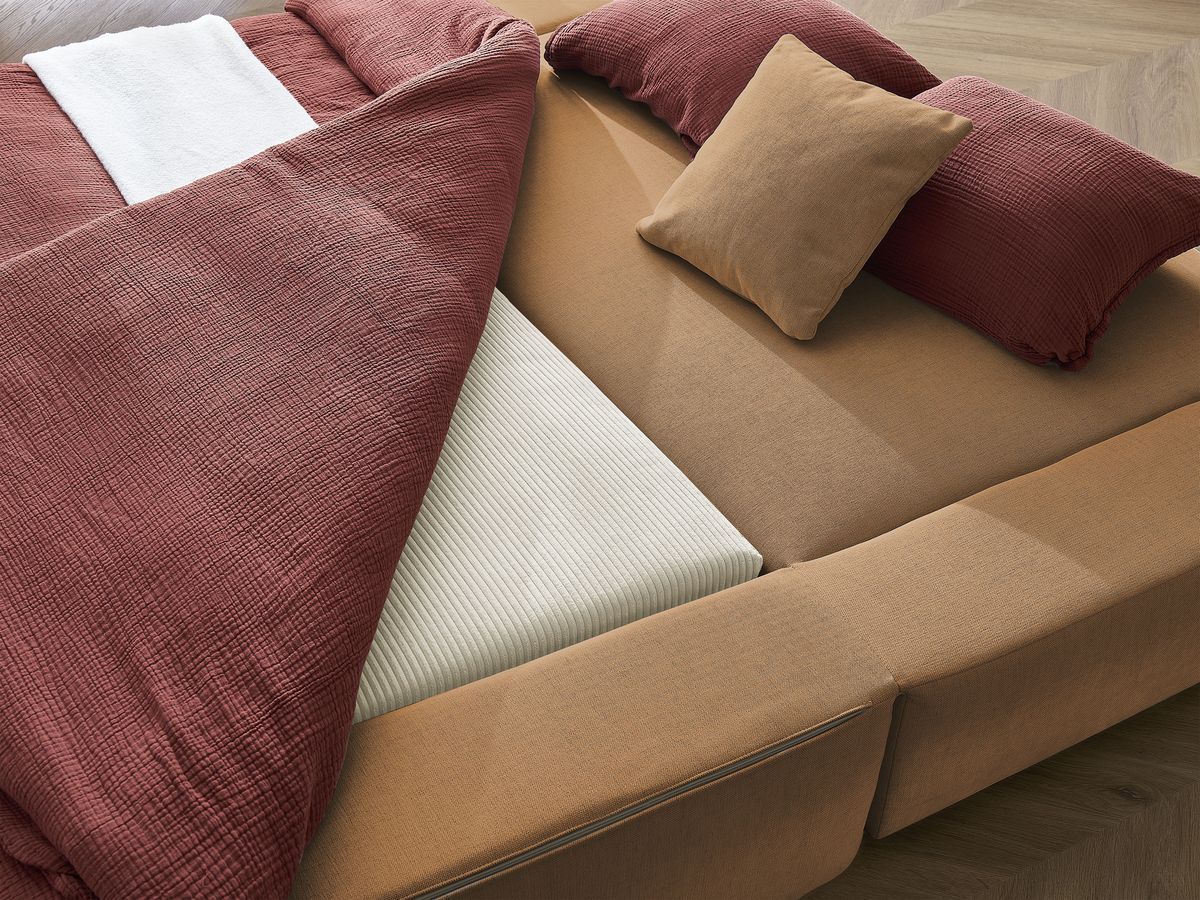 Canapé droit convertible LEANDRE bi matière avec deux poufs
