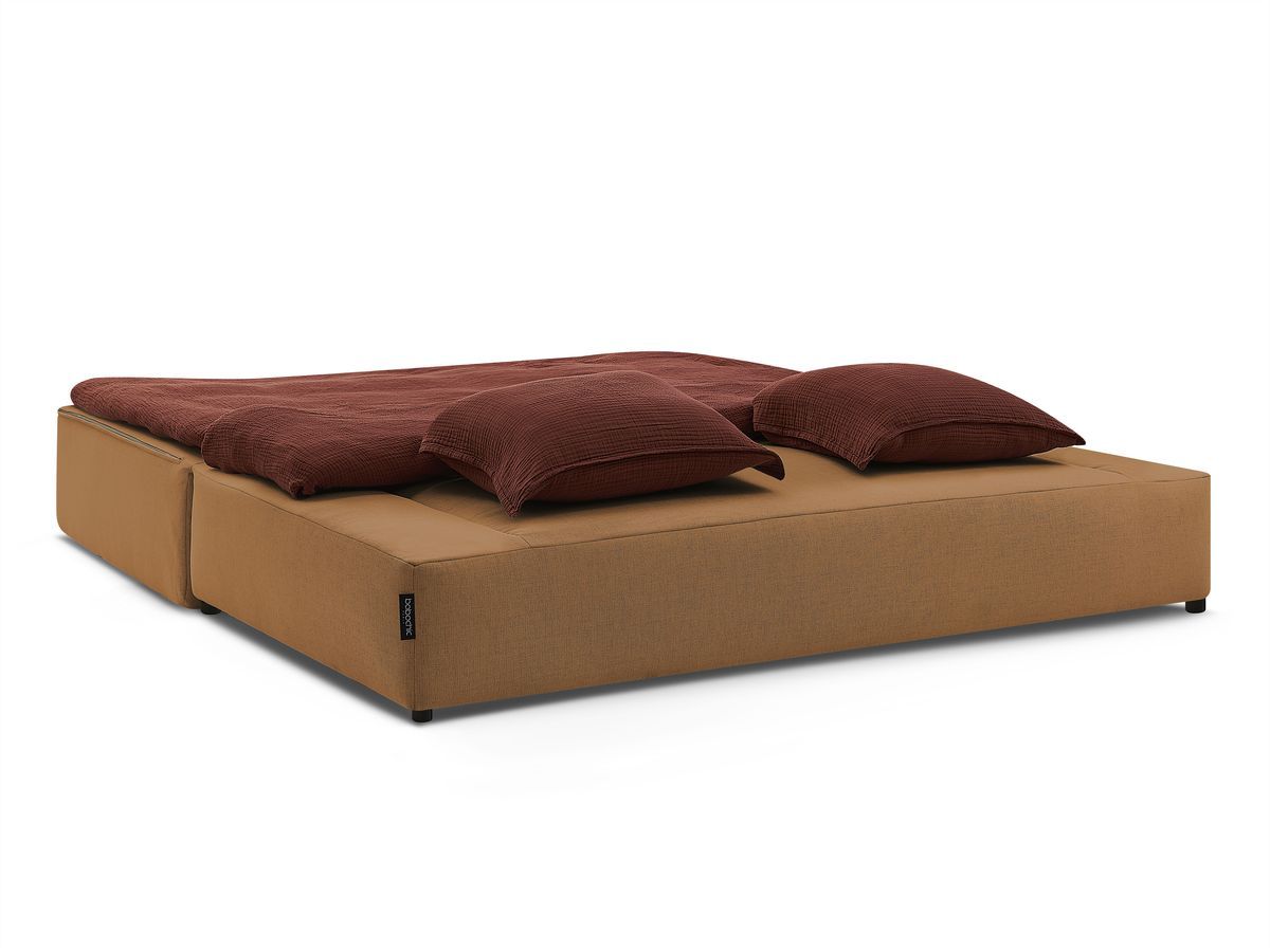 Canapé droit convertible LEANDRE bi matière avec deux poufs
